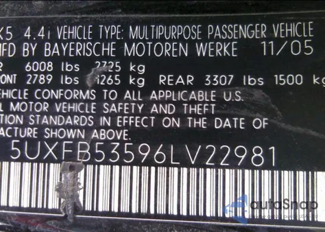2006 BMW X5 4.4I z USA, uszkodzony, nr VIN 5UXFB53596LV22981